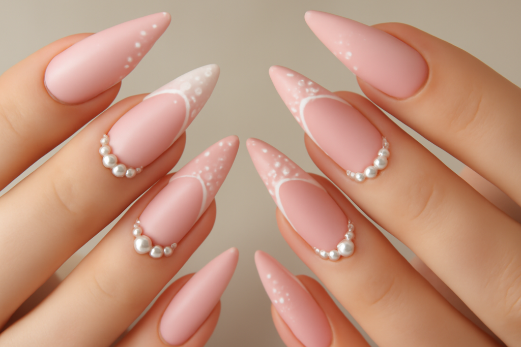 Elegant Pink French Manicure with Pearls and Dots.